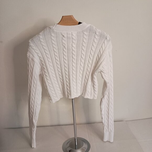 Aerie White Cable Knit Cropped Crew Neck Cotton Sweater Women’s Size XS - Picture 5 of 16